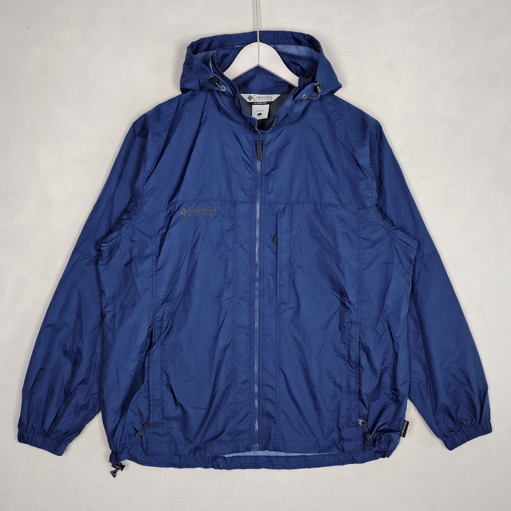 Columbia Mens Navy Blue Packable Windbreaker Hooded Jacket RM2124 Large
